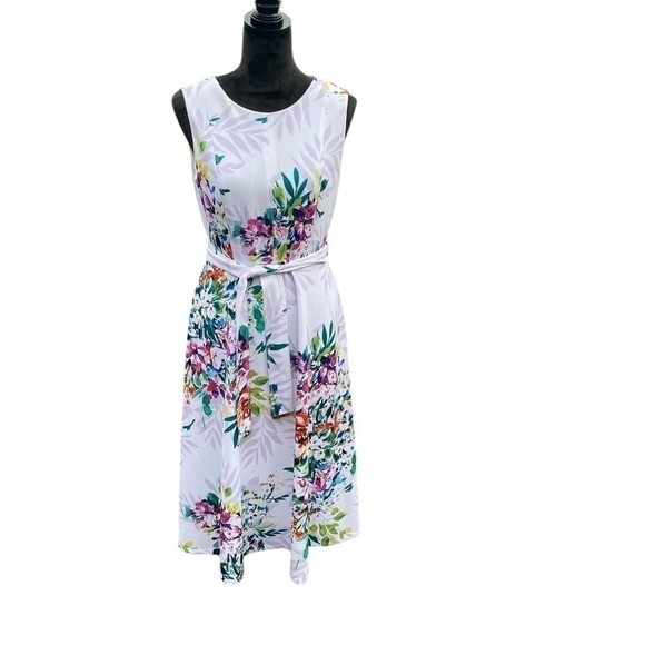 DKNY Ladies White Floral Sleeveless Midi A-line Round Neck Dress With Belt Sz 6 - Picture 3 of 15